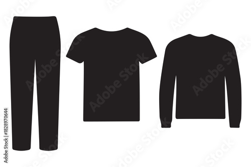Collection of black silhouette clothing items including pants a t shirt and a long sleeve shirt isolated on white background