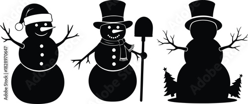 Black snowman silhouette vector icon set with santa hat, top hat, scarf, and shovel for winter and christmas design.