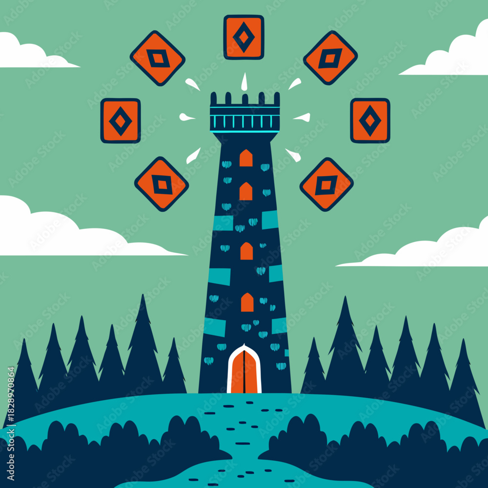 Naklejka premium Mystical tower with diamond symbols in a forest landscape
