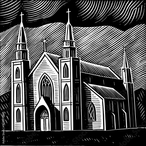 Striking linocut of a gothic revival church with tall spires