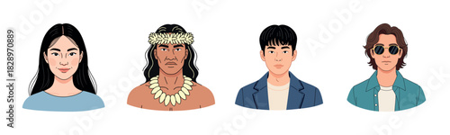 Diverse individuals: young asian female, native adult male, young asian male, caucasian young male