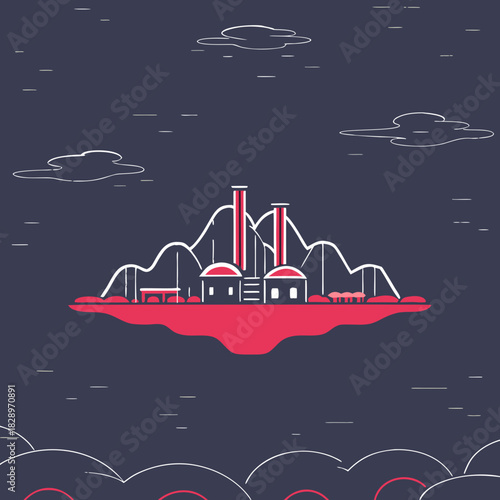 Stylized industrial landscape with roller coaster elements