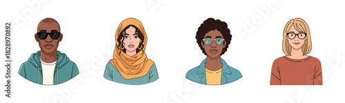 Diverse cartoon portraits of four individuals: african male, asian female, african female, caucasian female