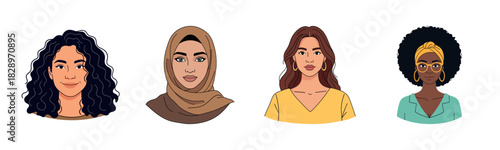 Diverse female portraits: curly hair, hijab, earrings, headband