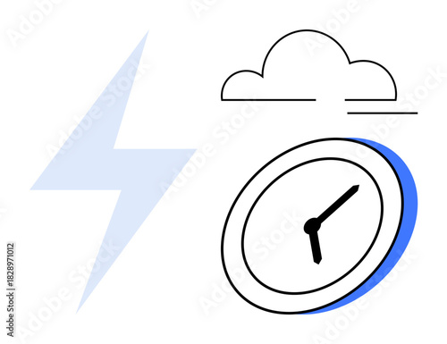 Clock showing time, lightning bolt symbolizing energy, and cloud symbolizing ideas or storage. Ideal for time management, productivity, energy, technology, innovation, efficiency simple flat