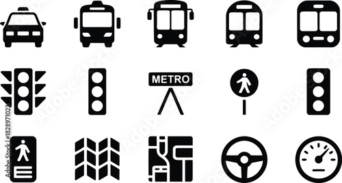 Comprehensive set of black transportation and navigation icons for urban commuting and travel