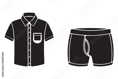 Black silhouette of a short sleeve collared shirt and boxer briefs isolated on white background