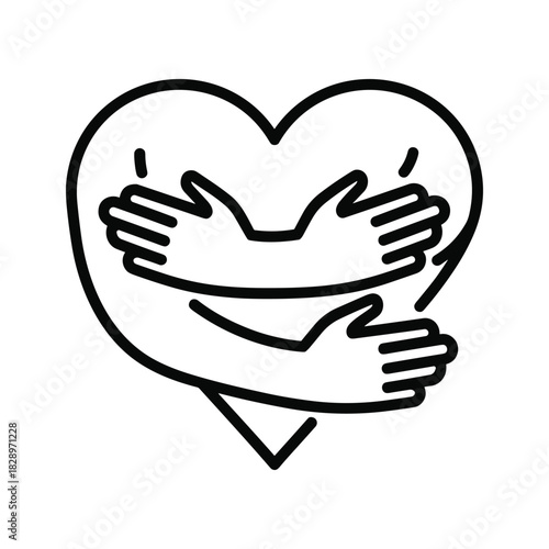 Show Your Love: Heart Symbol with Hugging Hands Line Art for Valentine's Day Cards, Romantic Designs, and Emotional Support Campaigns