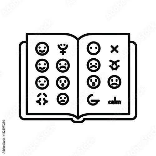 Open book shows emotional expressions and symbols, a guide to understanding feelings, mental health concepts, and emotional intelligence, minimal