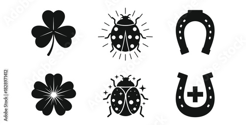 Symbolic icons of luck and fortune featuring shamrocks ladybugs and horseshoes design