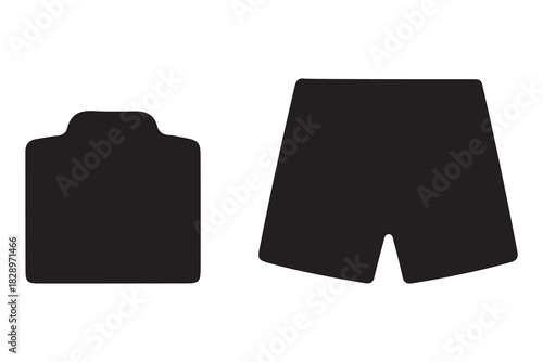 Simple black silhouette of a folded t shirt and a pair of shorts isolated on white background