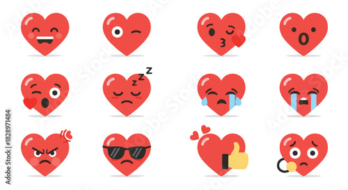 Set of Emoji Hearts Expressing Various Emotions for Valentine's Day or Love-Related Concepts