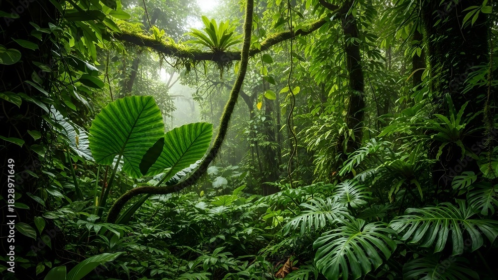 Obraz premium Lush Green Tropical Jungle Dense Foliage in Humid Rainforest