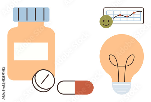 Medicine bottle, pills, bar chart with smiling face, and light bulb symbolizing health, wellness, pharmaceutical research, innovation, solutions progress and creativity. Ideal for healthcare
