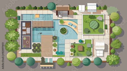 Beautiful Modern Garden and Backyard Layout with Pool, Patio, Green Lawn, and Relaxing Outdoor Spaces – A Friendly Top-View Landscape Design Illustration