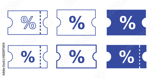 Six blue discount coupons with percentage signs for promotional marketing campaigns use