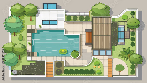 Beautiful Modern Garden and Backyard Layout with Pool, Patio, Green Lawn, and Relaxing Outdoor Spaces – A Friendly Top-View Landscape Design Illustration