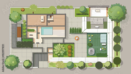 Beautiful Modern Garden and Backyard Layout with Pool, Patio, Green Lawn, and Relaxing Outdoor Spaces – A Friendly Top-View Landscape Design Illustration