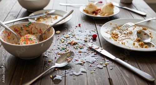 Messy table after a party with dirty dishes and spilled food everywhere