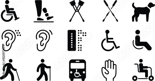 Diverse collection of black icons representing accessibility challenges and supportive solutions
