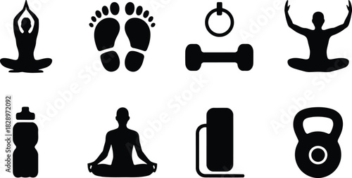 Diverse black silhouettes representing fitness activities yoga poses and various exercise equipment