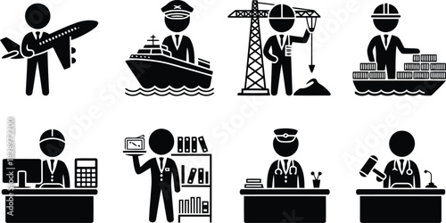 Diverse collection of black silhouette figures illustrating various professions including aviation, shipping, and legal services