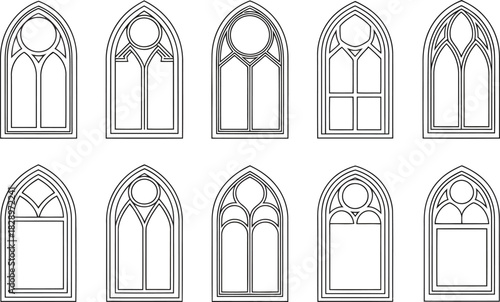 Diverse collection of gothic style arched window outlines presented on a simple white background