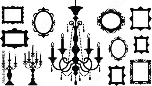 Diverse collection of ornate black silhouette frames and elegant chandeliers arranged on a pristine white background