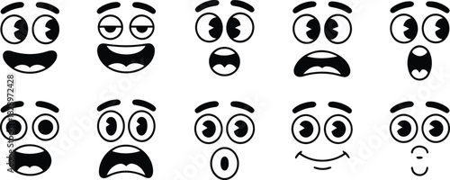 Diverse collection of ten cartoon faces showing a wide array of human emotions