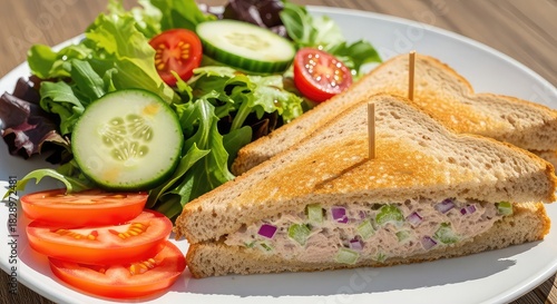 Delicious tuna salad sandwich with fresh salad on a white plate in sunlight