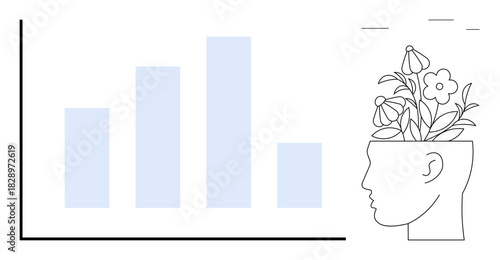 Bar chart with growing values next to a human head sprouting flowers emphasizes growth, creativity, progress, mental health, learning, success, and innovation. Ideal for personal growth, business