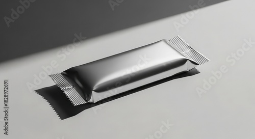 Silver foil snack bar package mockup on gray background with shadow effect