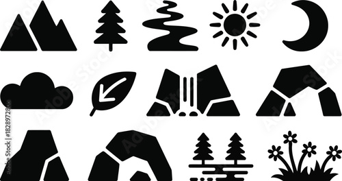 Diverse Set of Nature Icons Featuring Mountains River Sun Moon and Forest Elements