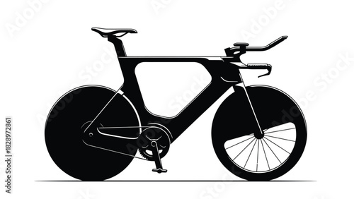 Black silhouette of a modern aerodynamic time trial bicycle on white bike triathlon