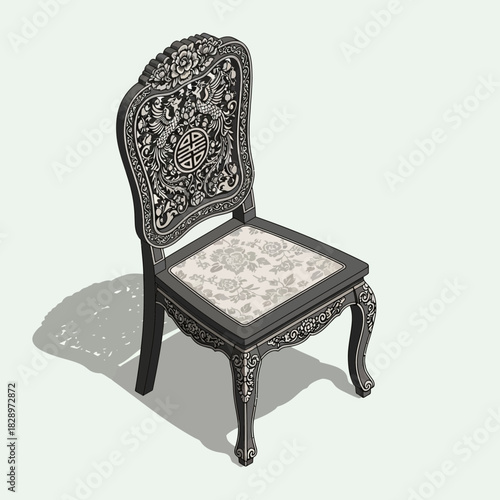 Elegant Chair with Ornate Details and Floral Pattern Seat Illustration