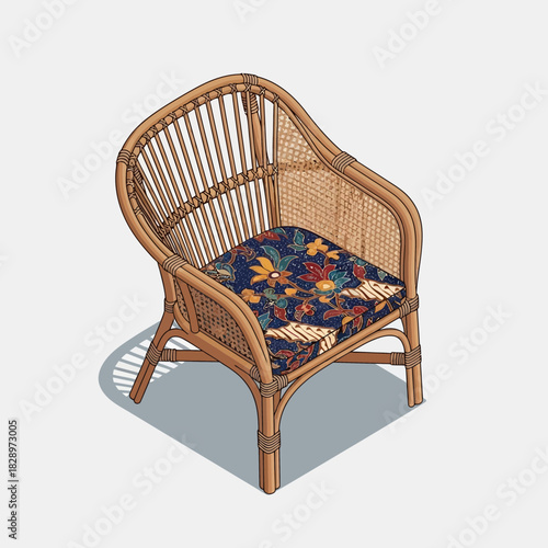Isometric illustration of a wicker chair with a batik patterned cushion