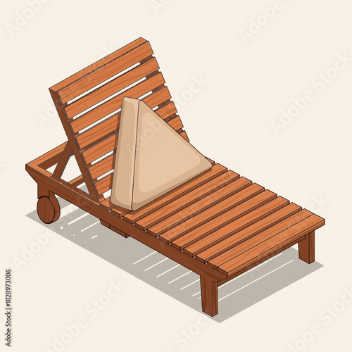 Isometric Illustration of a Cozy Wooden Sunbed with Soft Beige Cushion
