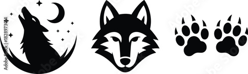 Dynamic black wolf silhouettes including a howling animal with stars, a full head, and detailed paw prints