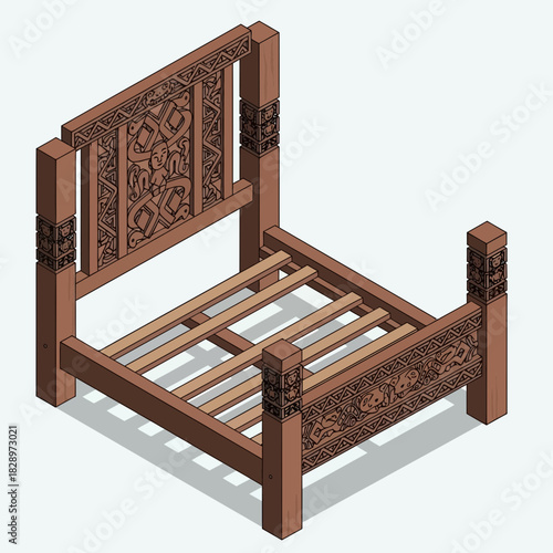 Isometric Illustration of a Wooden Bed Frame Adorned with Tribal Carvings