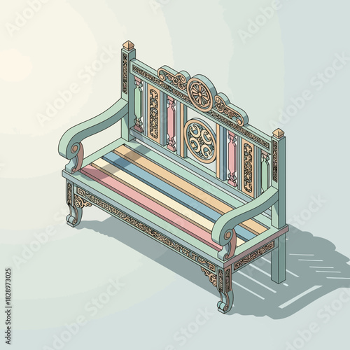 Isometric illustration of ornamented park bench with pastel color wooden seat