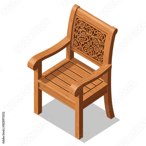 Isometric Illustration of Elegantly Carved Wooden Armchair on White Background