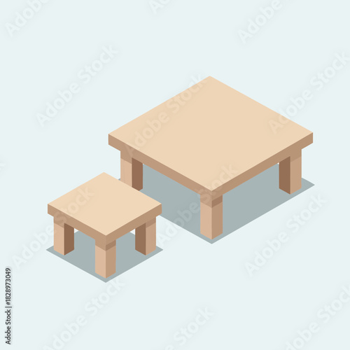 Isometric Illustration of Tables in Different Sizes on a Plain Background