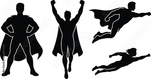 Dynamic set of four superhero figures with white outlines showcasing readiness, soaring motion, and powerful flight