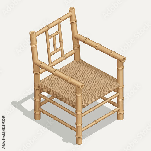 Isometric View of a Bamboo Chair with Woven Seat, Minimalist Design