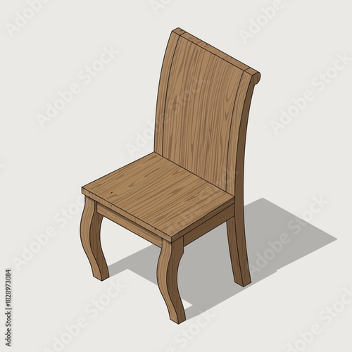 Isometric view of a classic wooden chair with curved legs and backrest