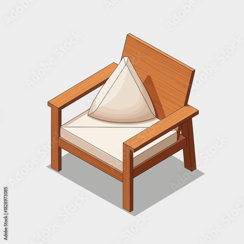 Isometric wooden chair with triangular cushion, modern furniture design