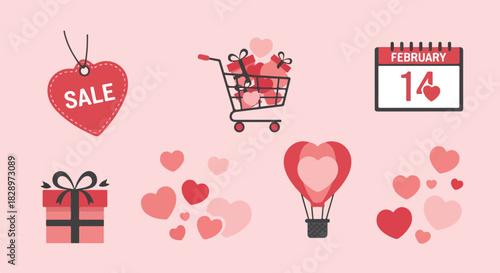 Vibrant Valentine's Day Love Celebration Icon Set Charming Hearts, Gifts, and Romantic Elements for February Festivities
