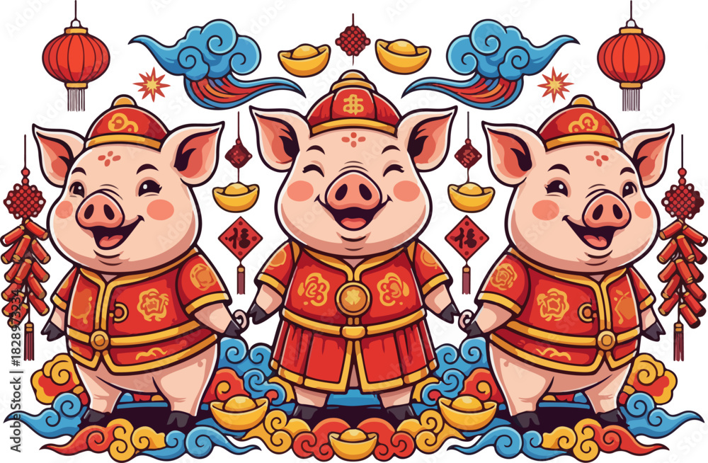 Naklejka premium Three Zodiac Pigs in a Row – High-Detail New Year Vector Art