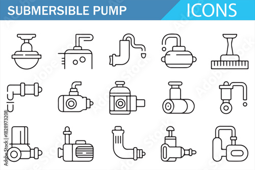 Utility water pump equipment outline vector icons