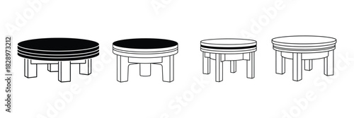 Line art drawing of modern round coffee tables set in various outline styles